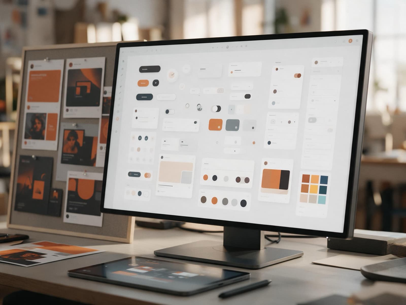 Designer desk with a UI component kit on screen and social templates pinned beside it