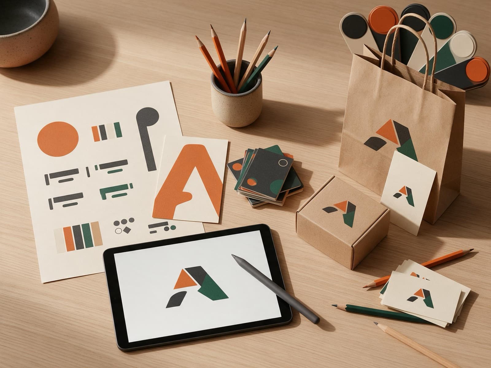 Brand identity flat lay with color swatches, typography cards, packaging and a logo sketch on a tablet