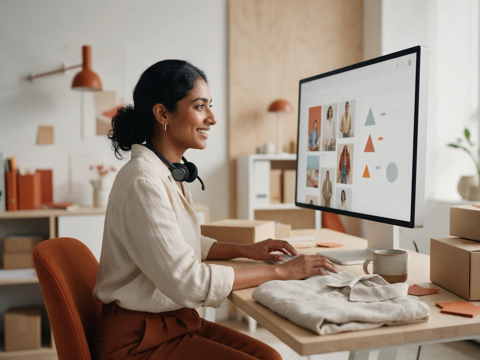 Ecommerce virtual assistant managing product listings and orders at a tidy desk with shipping boxes